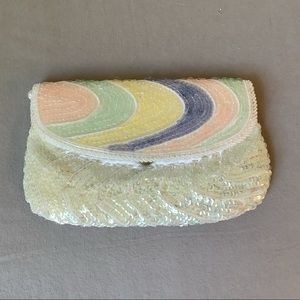 Vintage sequin & beaded purse 9” x 5” with 46” strap.